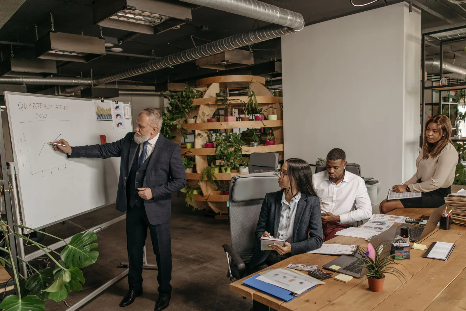 Team in a modern office discussing quarterly earnings with a presentation. Questions that really drive a marketing communications strategy
