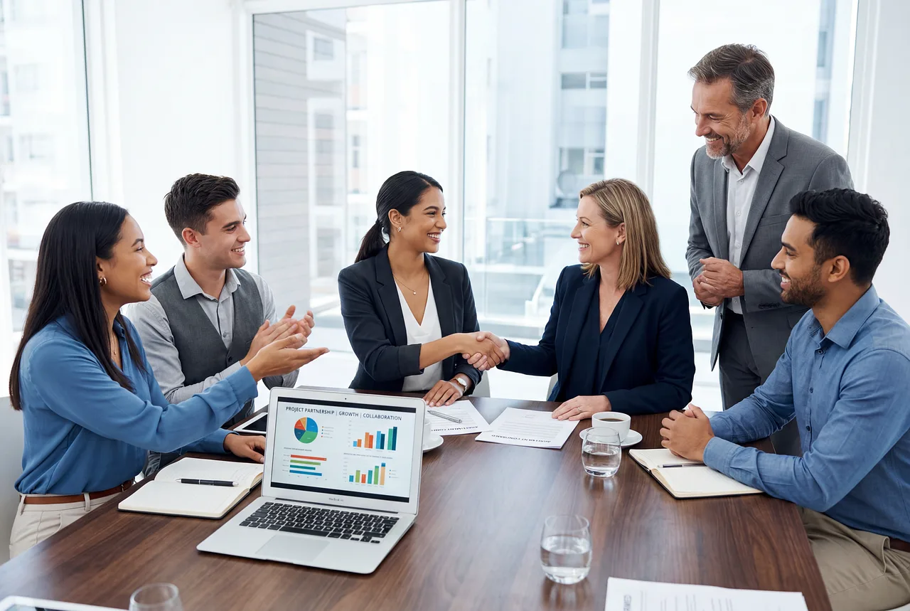 meeting, conference, business, office, team, collaboration, agreement, handshake, partnership, corporate, professional, discussion, presentation, chart, graph, laptop, documents, strategy, negotiation, success, leadership, workplace, formal, ai generated. Corporate communications benchmarks: baselines, ranges and outliers