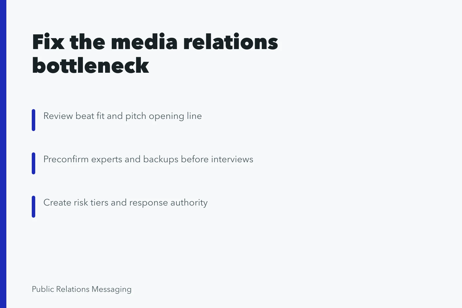 Card outlining media relations fixes: beat fit, expert backups, response authority. Diagnosing the real bottleneck behind weak media relations