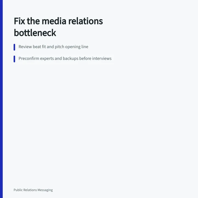 Card outlining media relations fixes: beat fit, expert backups, response authority. Diagnosing the real bottleneck behind weak media relations