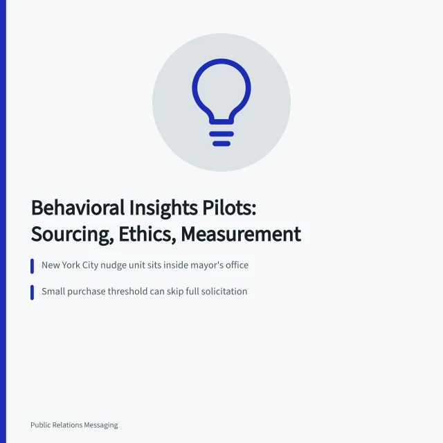 Card summarizing behavioral insights pilot sourcing, ethics review, and measurement steps. How US cities use behavioral insights for public messaging