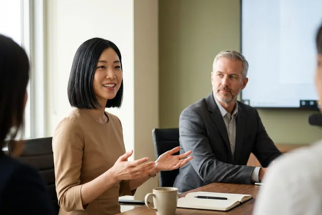 business, meeting, discussion, office, conference, professional, diverse, teamwork, collaboration, presentation, woman, man, speaking, listening, communication, modern, workplace, cooperation, office furniture. Seven internal communications signals worth watching in 2027