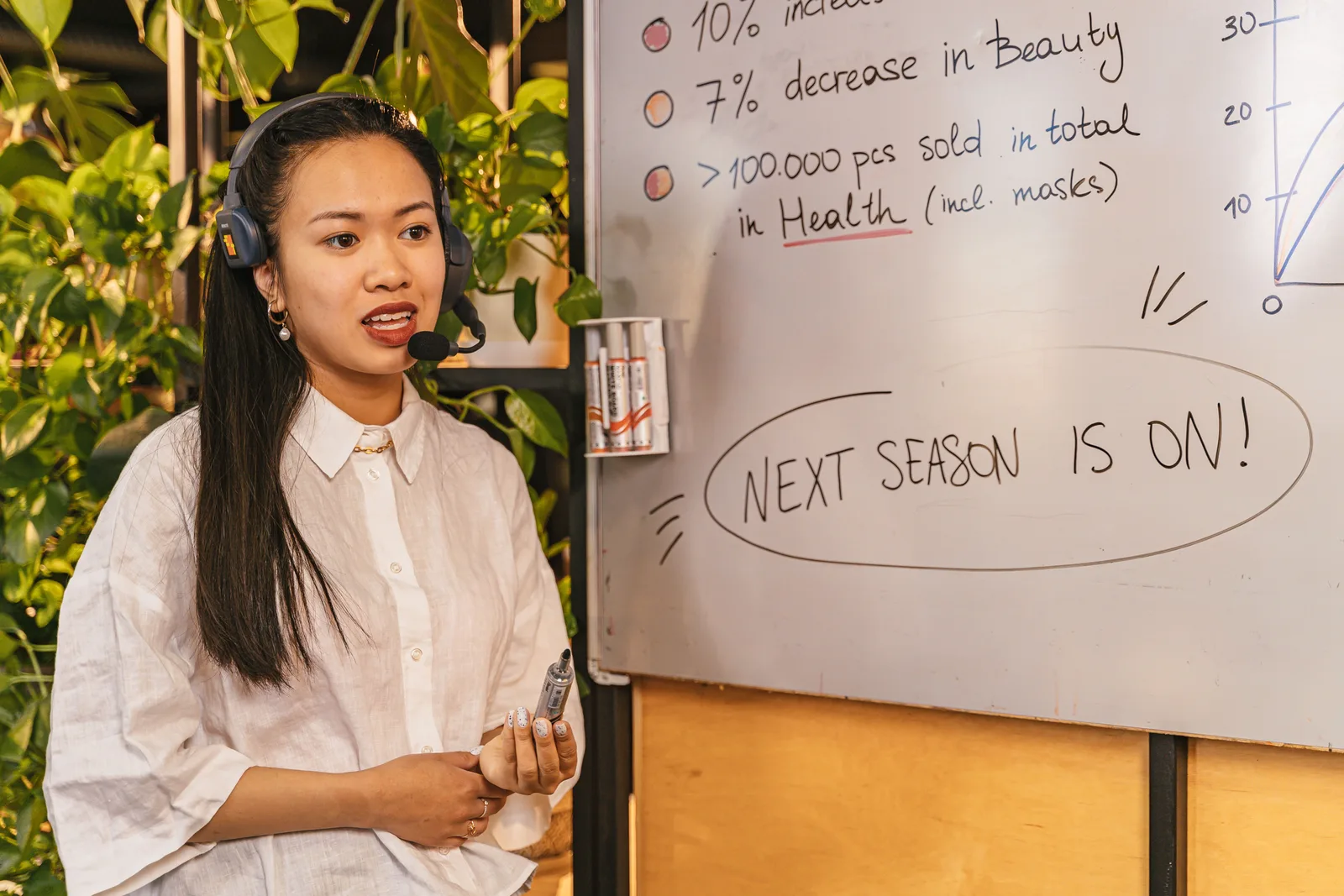 Woman presenting business statistics on whiteboard using headset, engaging audience. Marketing communications strategy: a planning framework