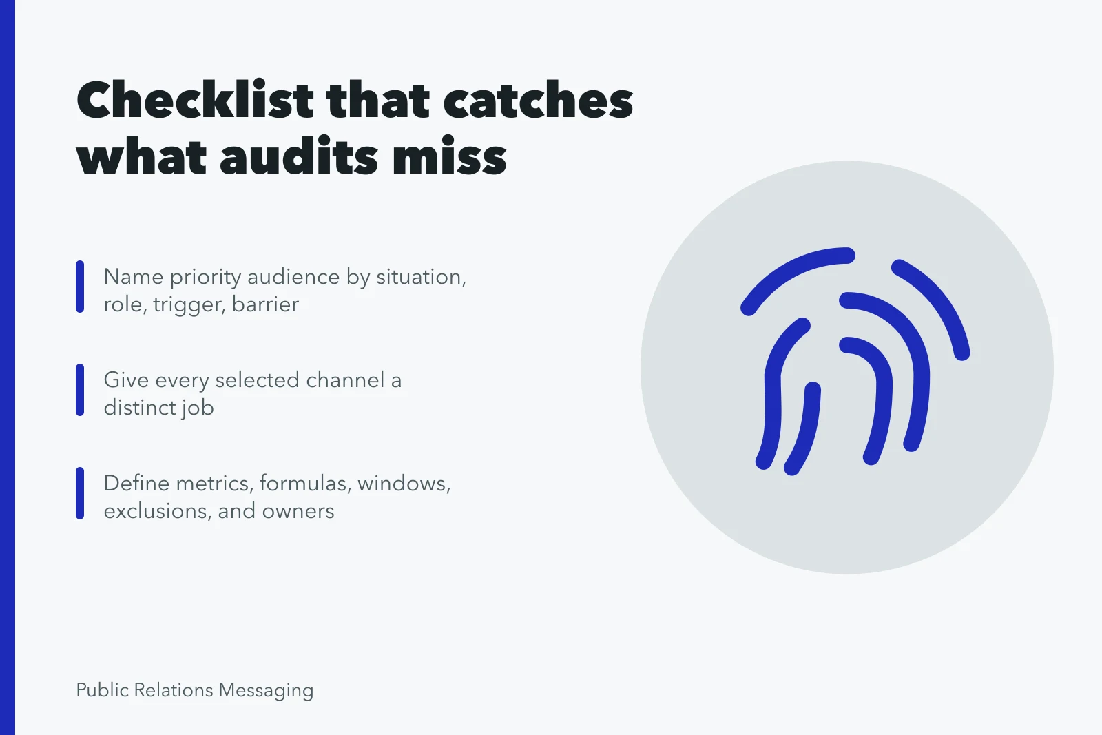 Checklist card for marketing communications strategy verification and ownership. The marketing communications strategy checklist that catches what audits miss