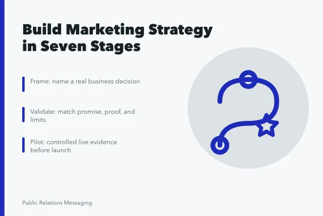 Seven-stage roadmap for developing marketing communications strategy with decision gates. Marketing communications strategy development, one decision at a time