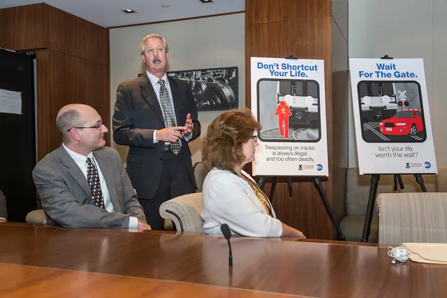 MTA Chief Safety Officer David Mayer and Senior Advisor for Corporate Safety Initiatives Anne Kirsch look as MTA Director of Marketing and Communications Mark Heavey shows posters. Marketing communications strategy examples with the reasoning laid bare