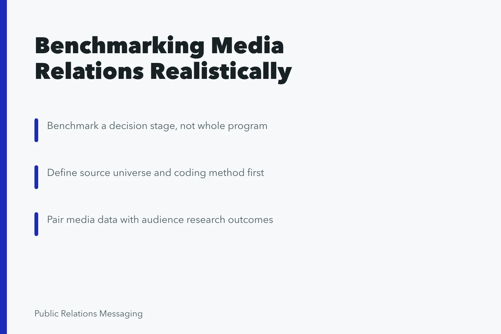 Card summarizing realistic media relations benchmarking layers and definitions. Media relations benchmarks: what a realistic number actually measures