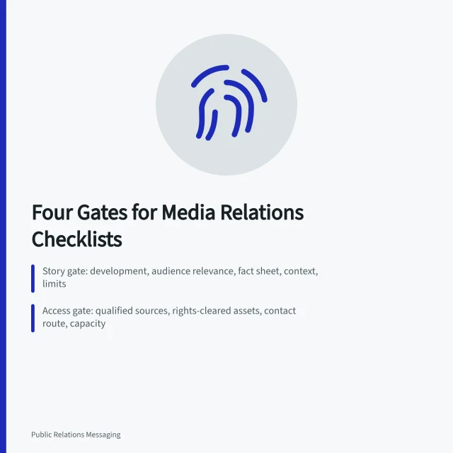 Checklist card showing four gates: story, access, outreach, release. Media relations checklist gates: story, access, outreach, release, report