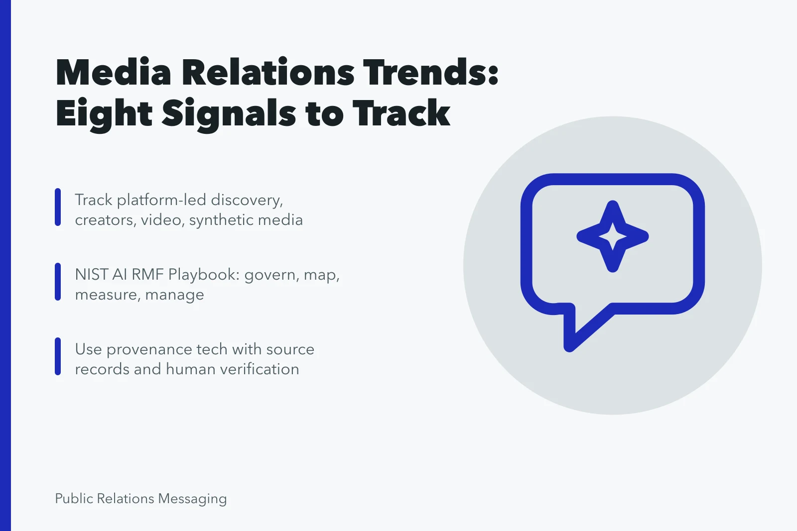 Card listing eight media relations trend signals and verification steps. A framework for tracking media relations trends