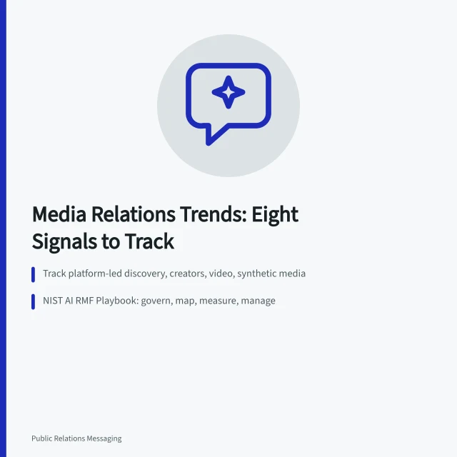 Card listing eight media relations trend signals and verification steps. A framework for tracking media relations trends