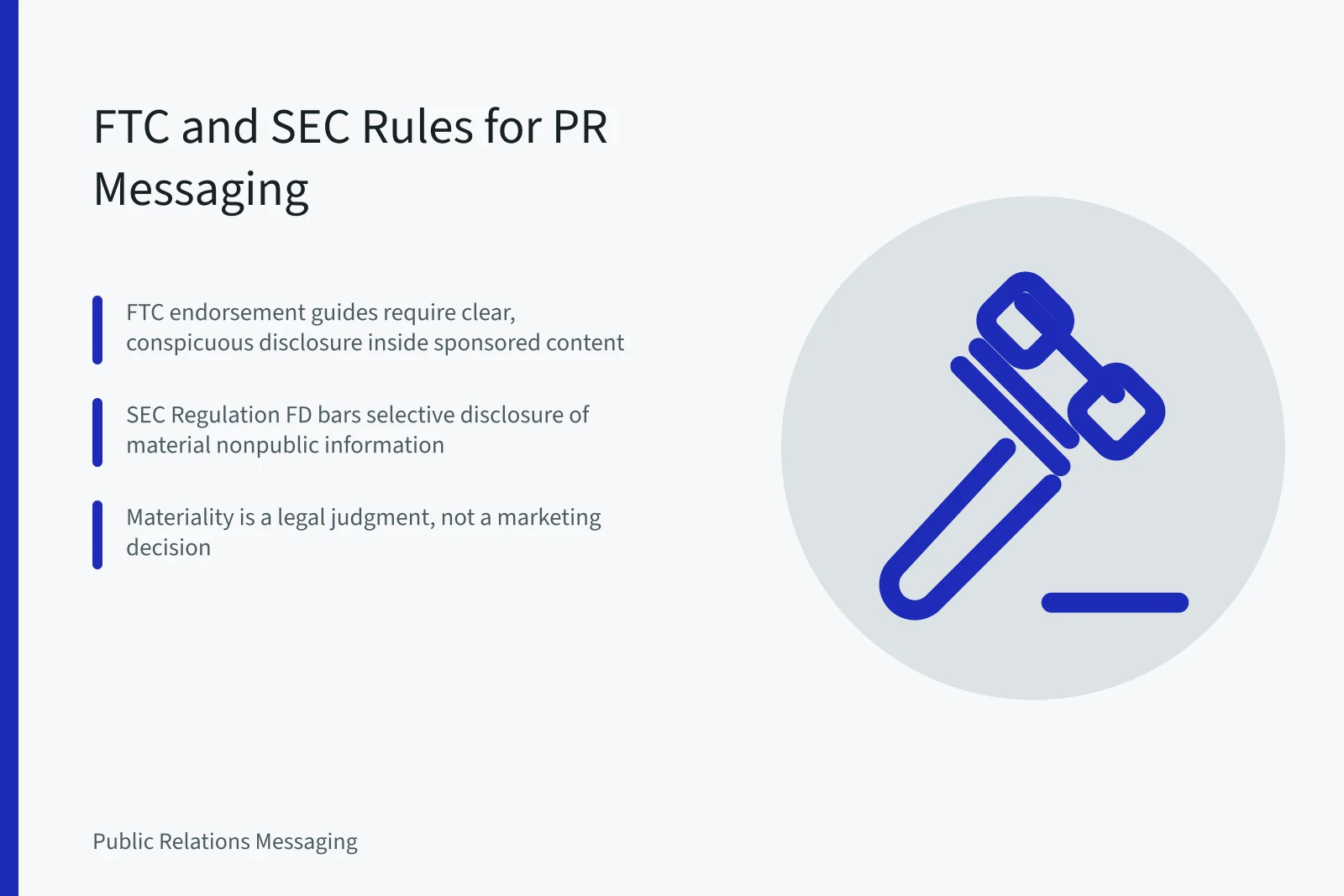 Card summarizing FTC endorsement and SEC Regulation FD disclosure rules for PR messaging. Public relations messaging: FTC and SEC disclosure rules PR teams must follow