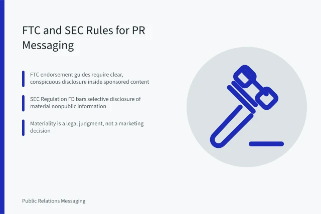 Card summarizing FTC endorsement and SEC Regulation FD disclosure rules for PR messaging. Public relations messaging: FTC and SEC disclosure rules PR teams must follow