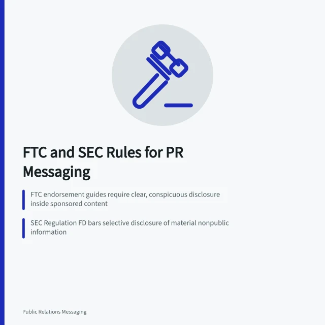 Card summarizing FTC endorsement and SEC Regulation FD disclosure rules for PR messaging. Public relations messaging: FTC and SEC disclosure rules PR teams must follow