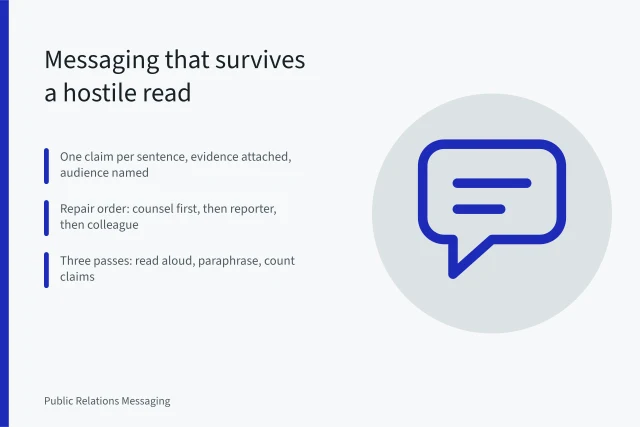 Card on stress-testing PR messaging against legal, reporter, and internal critics. Public relations messaging: writing that survives a hostile read
