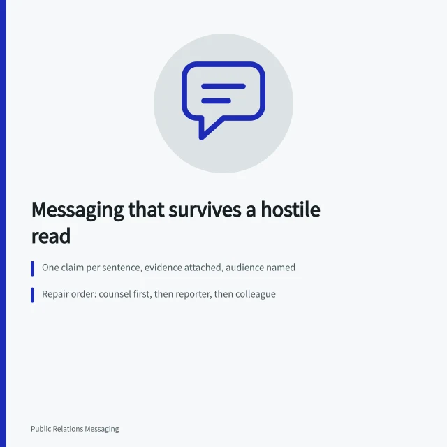 Card on stress-testing PR messaging against legal, reporter, and internal critics. Public relations messaging: writing that survives a hostile read