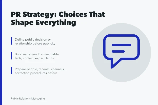Card summarizing PR strategy choices: define outcomes, build fact-based narratives, prepare in advance. Public relations strategy: the choices that shape everything else, 2027 edition