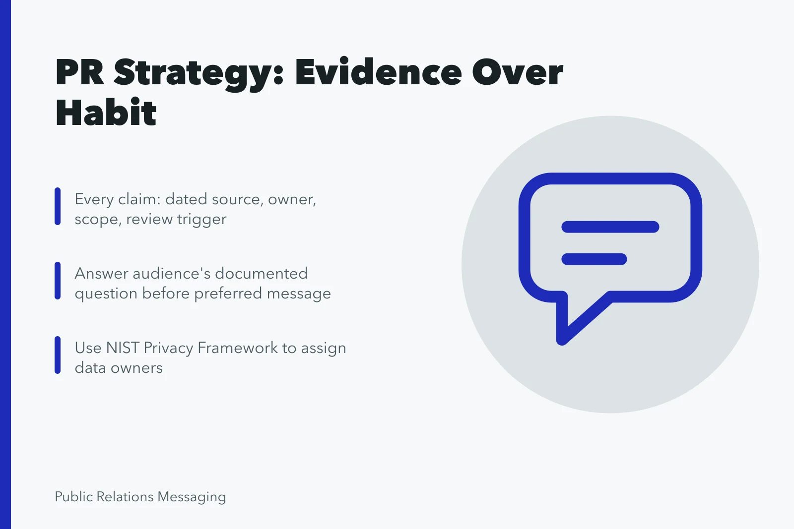 Card summarizing evidence-first public relations strategy best practices. Public relations strategy best practices argued from results, not habit