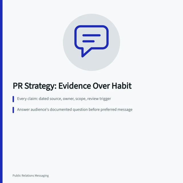 Card summarizing evidence-first public relations strategy best practices. Public relations strategy best practices argued from results, not habit