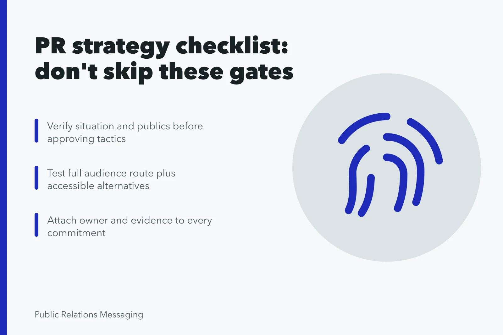 Checklist card for public relations strategy gates and evidence. Public relations strategy checklist: the items people skip