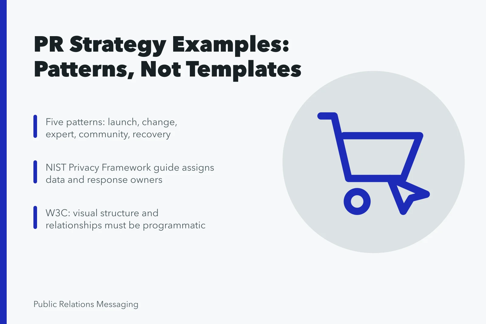 Card comparing five public relations strategy patterns and test criteria. Public relations strategy examples for people who want the details, 2027 edition