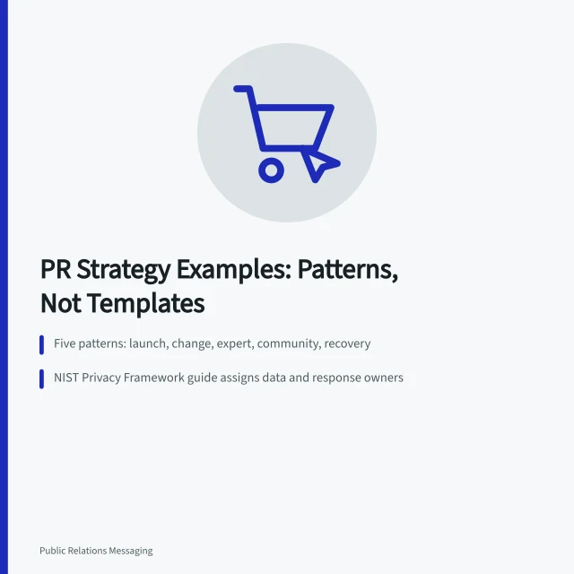 Card comparing five public relations strategy patterns and test criteria. Public relations strategy examples for people who want the details, 2027 edition