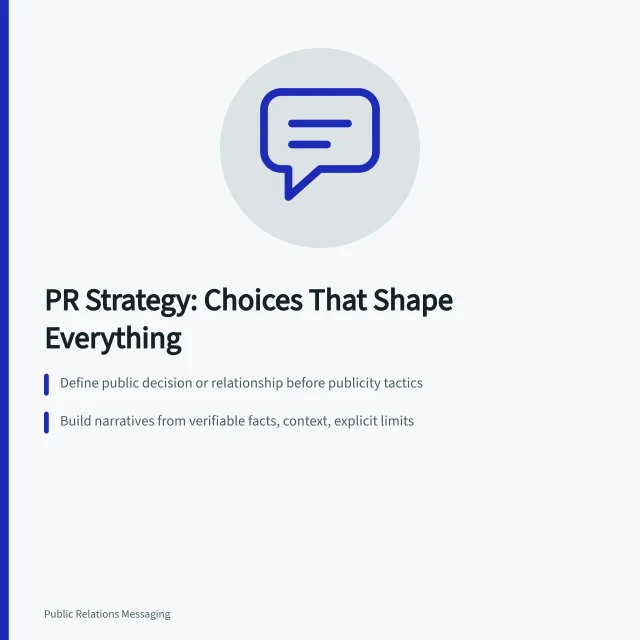 Card summarizing PR strategy choices: define outcomes, build fact-based narratives, prepare in advance. Public relations strategy: the choices that shape everything else, 2027 edition