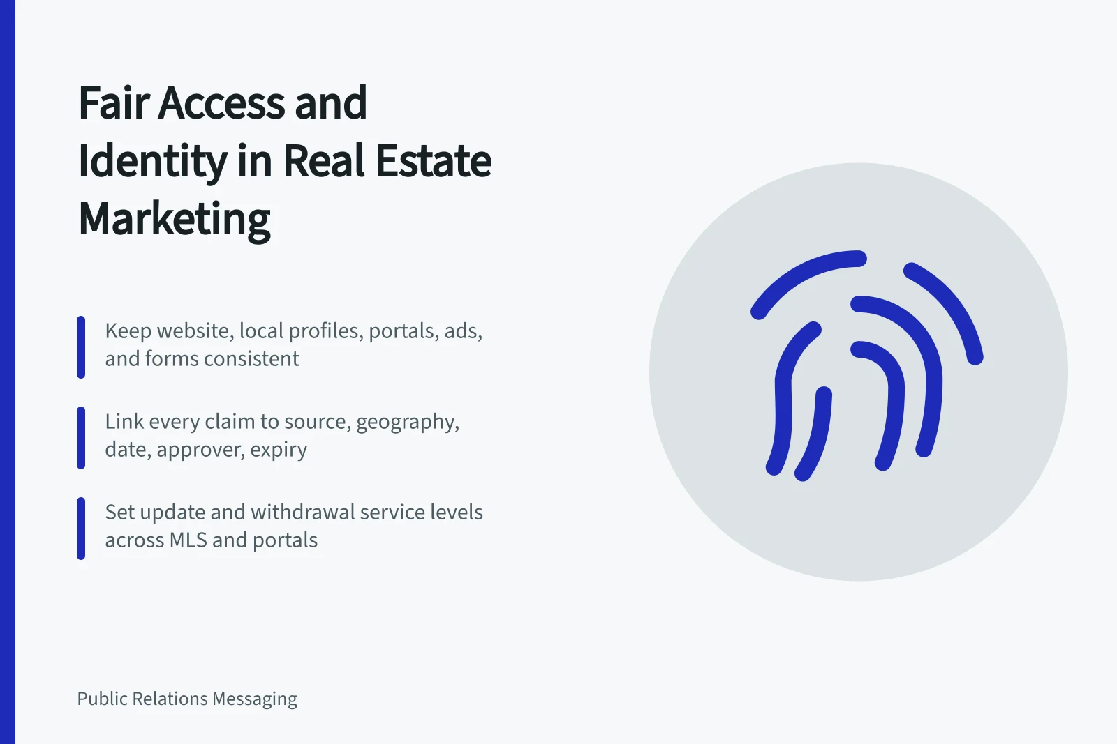 Card summarizing real estate marketing identity, fair access, and claim register practices. Marketing Strategy Best Practices Start With Fair Access and Identity