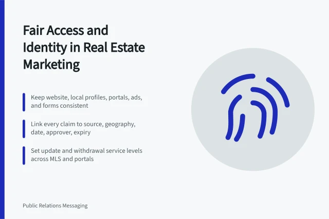 Card summarizing real estate marketing identity, fair access, and claim register practices. Marketing Strategy Best Practices Start With Fair Access and Identity