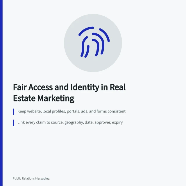 Card summarizing real estate marketing identity, fair access, and claim register practices. Marketing Strategy Best Practices Start With Fair Access and Identity